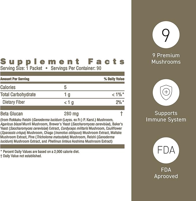Umeken Beta Glucan, Immune Boost, Mushroom Extract, Dietary Supplement, Blend of 9 Premium Mushroom Extract Packets, Easy to Take Beta Glucan Supplements, 3 Month Supply, 90 Count Box, Pack of 1