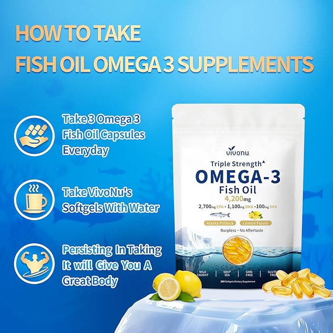 VivoNu Triple Strength Omega 3 Fish Oil - 4200mg, 300 Softgels | Enteric-Coated for No Fishy Aftertaste | Wild-Caught | Third-Party Tested