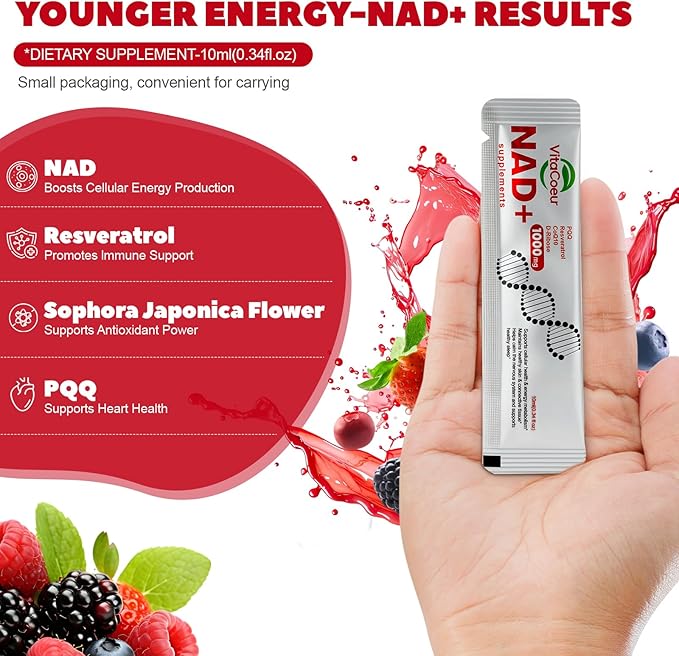 1000mg NAD+ Supplement Liquid with Organic Resveratrol, Nicotinamide Riboside & PQQ, CoQ10, ALA, Boost Energy Focus, DNA Repair & Activate Longevity Cells, NAD Resveratrol for Men & Women