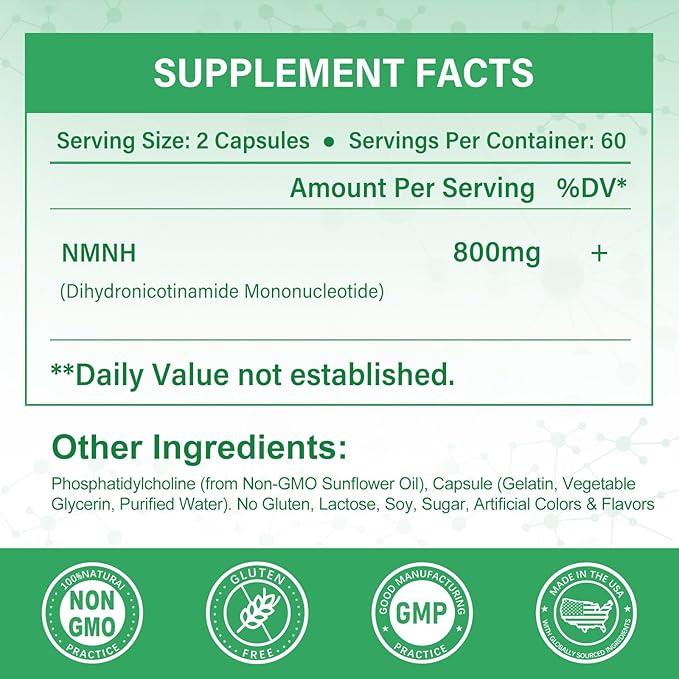 Pure NMNH Supplement 120 Capsules - 800mg High-Purity NMNH Supplements, NAD Supplement for Boost NAD+ for Anti-Aging & Cellular Energy