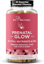 Eu Natural Glow Prenatal Vitamins for Women - 20-in-1 Prenatal Multivitamin with Folate & Vegan DHA - Supports Healthy Pregnancy, Fetal Development & Mom’s Comfort - 60 Vegetarian Capsules