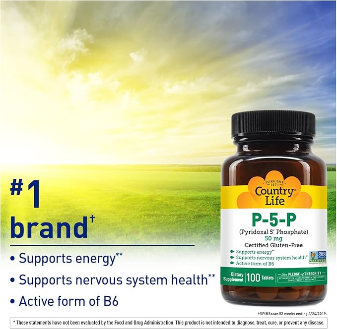 Country Life P-5-P Vitamin B6 – Bioavailable Pyridoxal-5-Phosphate Supplement for Energy, Nervous System Support, and Red Blood Cell Growth – Certified Gluten Free, Vegan, Non-GMO – 100 Capsules