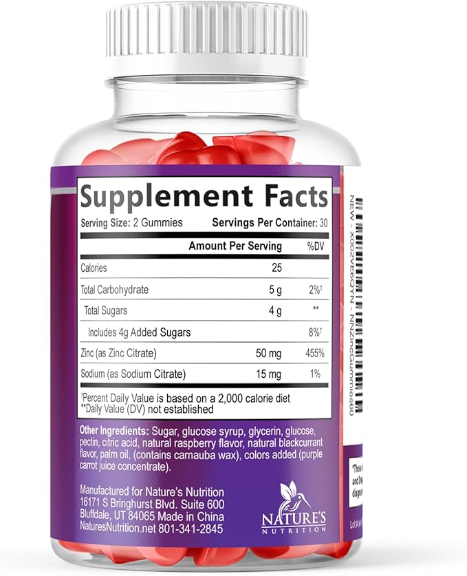 Zinc Gummies - 50mg Zinc Per Serving Immune Skin & Bone Support Health Gummy - Premium Antioxidant Chewable, High Absorption Vegan, Best Supplements Vitamin for Adults, Tasty Berry Flavor, 60 Gummies