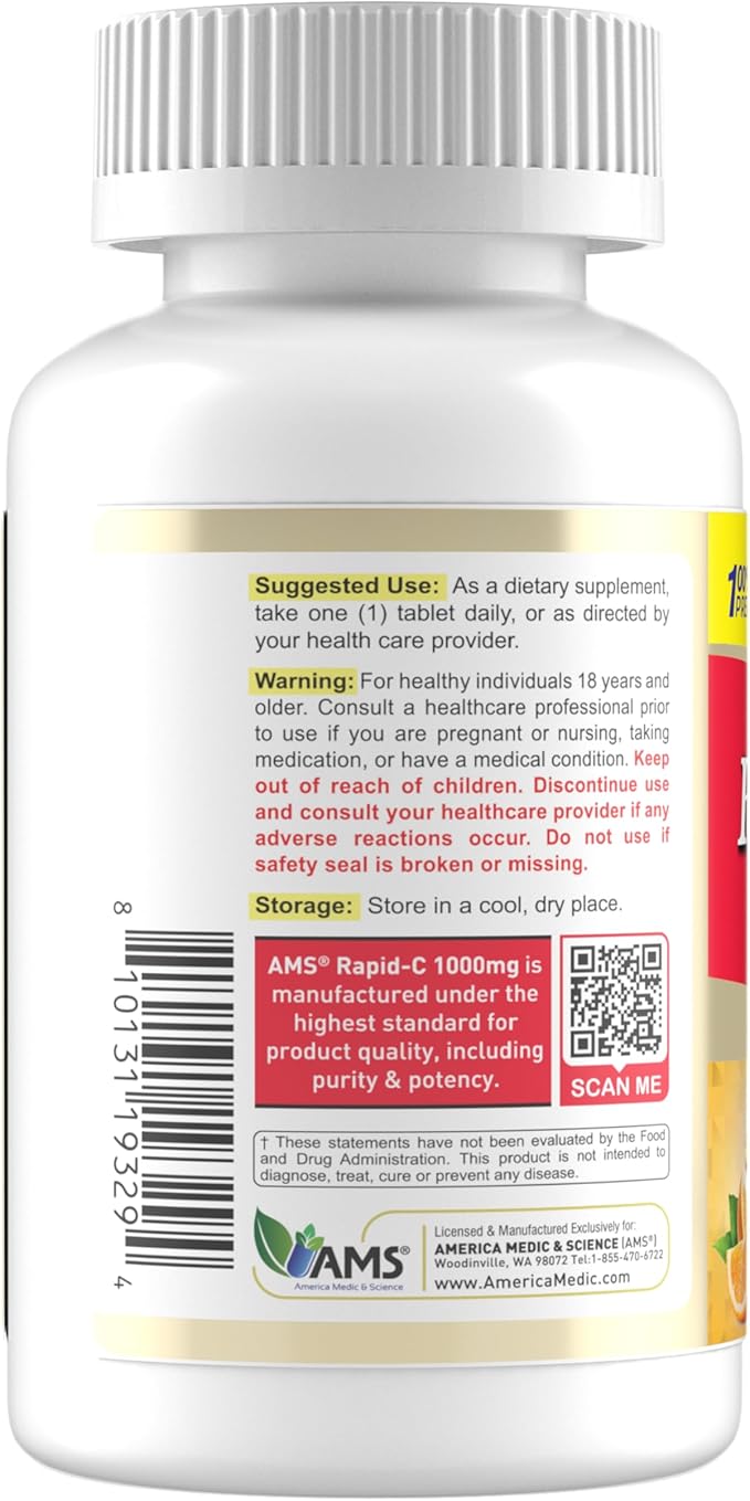 America Medic & Science Rapid-C 1000mg Vitamin C Supplement (1 Pack of 200 Tablets) Energy Booster, Daily Immune System Support, Antioxidant | Vegan, Non-GMO Coated Ascorbic Acid for Adult Men & Women