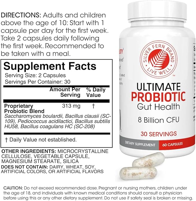 Silver Fern Ultimate Probiotic 2-Pack – Probiotics for Women & Men – 8 Billion CFU Spore-Forming Gut Health Supplement – DNA Verified, Vegan Probiotic, Shelf-Stable, High Survivability – 120 Capsules