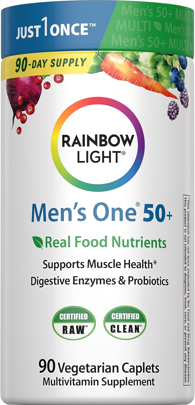 Rainbow Light Mens Multivitamin One + for 50 Plus | 90 Caplets | Supports Muscle Health | with Vitamins C, D, and Zinc | Real Food Nutrients, Digestive Enzymes & Probiotics