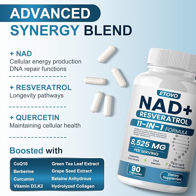 NAD+ Supplement, 8525 mg Liposomal NAD Resveratrol Supplement for Women and Men with Coptisine Quercetin Curcumin Supports Cellular Health, Energy & Healthy Anti-Aging 180 Counts