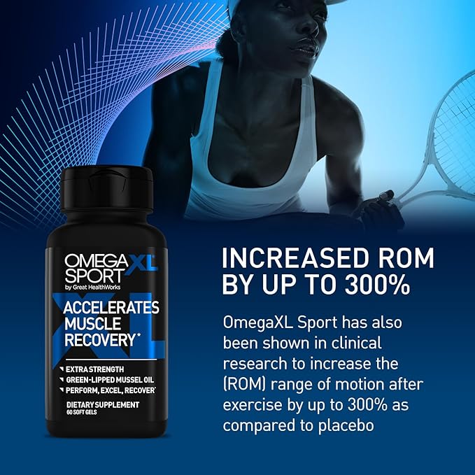 OmegaXL Sport Extra Strength Muscle Recovery Supplement and Respiratory Support Supplement - Improves DOMS and ROM, Clinically Supported Green-Lipped Mussel Oil (60 Softgels)