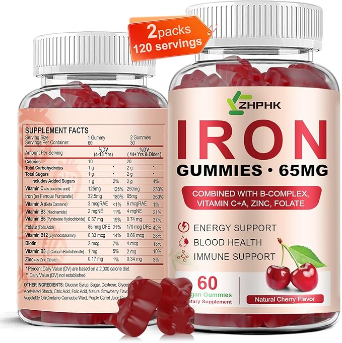 Iron Gummies Supplement for Women, Men & Kids, Iron 65mg with 250mg Vitamin C B6 B12 Folate Healthy Blood, Energy & Immune Support Gentle on Stomach Ferrous Fumarate, 120 Count