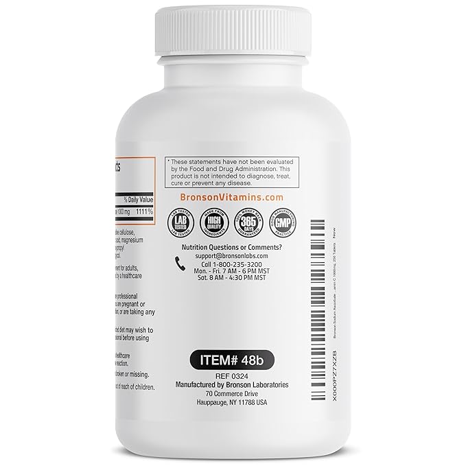 Bronson Sodium Ascorbate Non Acidic Vitamin C 1000 Mg Tablets - Gentle On The Stomach - Immune System Booster - Powerful Antioxidant - Non GMO Vitamin C Supplement, 250 Count