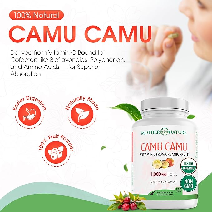Organic Vitamin C from Camu Camu Capsules 1,000mg, Packed with Natural VIT C, Raw Antioxidants - Immune Support Supplement & Anti-Aging for Skin - Powder Organic, Vegan, Non-GMO (120 Count)