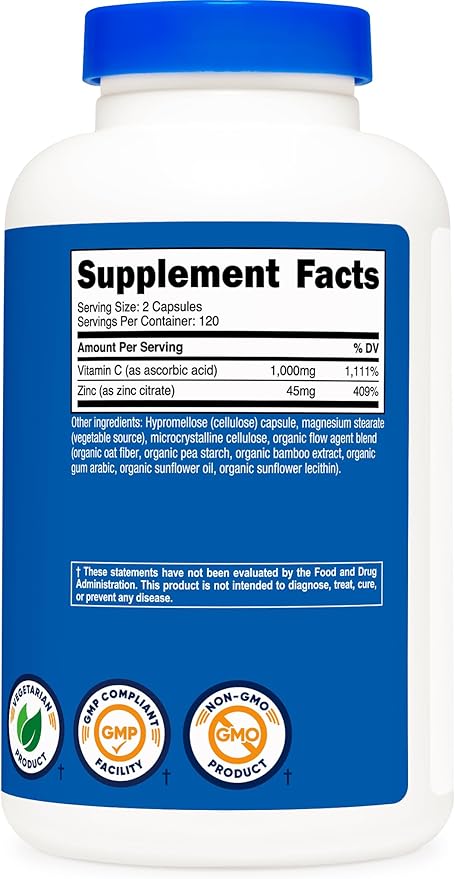 Nutricost Vitamin C with Zinc Capsules, 120 Servings - 1000mg, 45mg Zinc, Non-GMO, Gluten Free Vitamin C Supplement