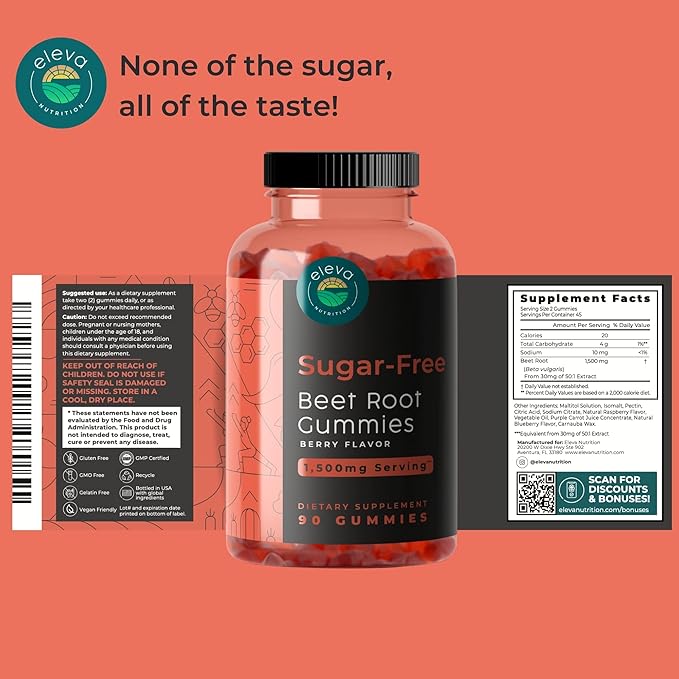 Sugar-Free Beet Root Gummies- Vitamin C & B9- Memory & Focus Chews- Nitric Oxide -Energy Beet Supplement- 90 Organic Beetroot Chews for Men & Women