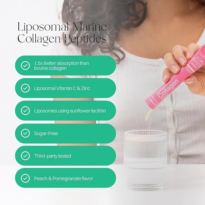Liposomal Marine Collagen Powder Packets, 2100mg Sugar-Free Flavored Powder, 190mg Vitamin C for Skin, Hair, and Nails, Supports Joint Health - 30 Packets, Peach Pomegranate Flavor