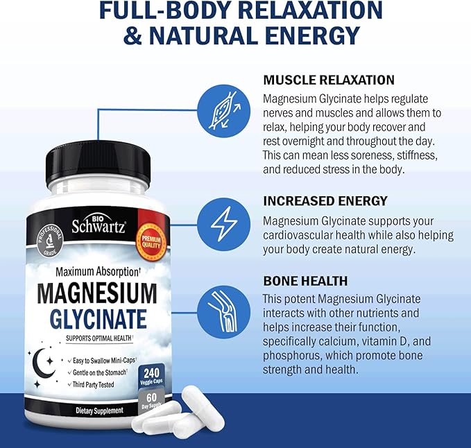 BioSchwartz Magnesium Glycinate 500mg Capsules (240 Mini Caps) Maximum Absorption Magnesium Supplement for Healthy Nerves Muscles Heart Mood and Sleep Support (Vegan, Gluten-Free, Non-GMO)