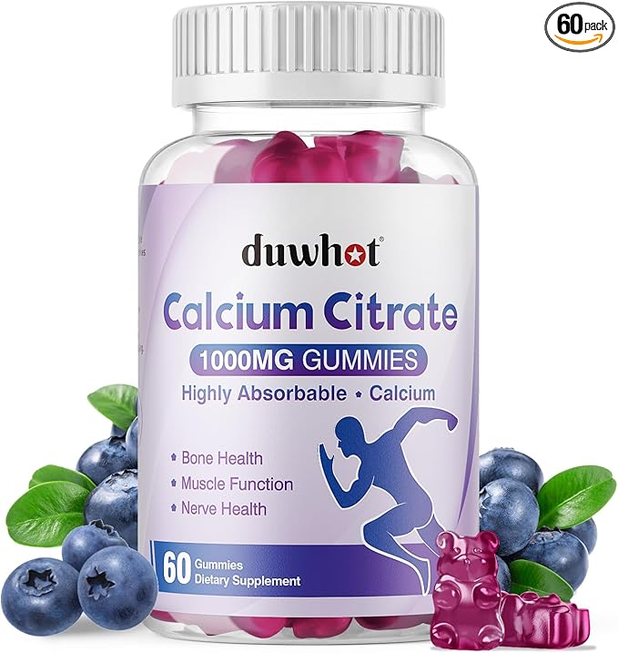 duwhot Calcium Citrate Gummies, Chewable Calcium Citrate 1000mg For Bone, Muscle & Immune Support, High Absorption Calcium Supplements for Women & Men, Kids, Blueberry Flavor, Vegan, Organic, 60 Chews