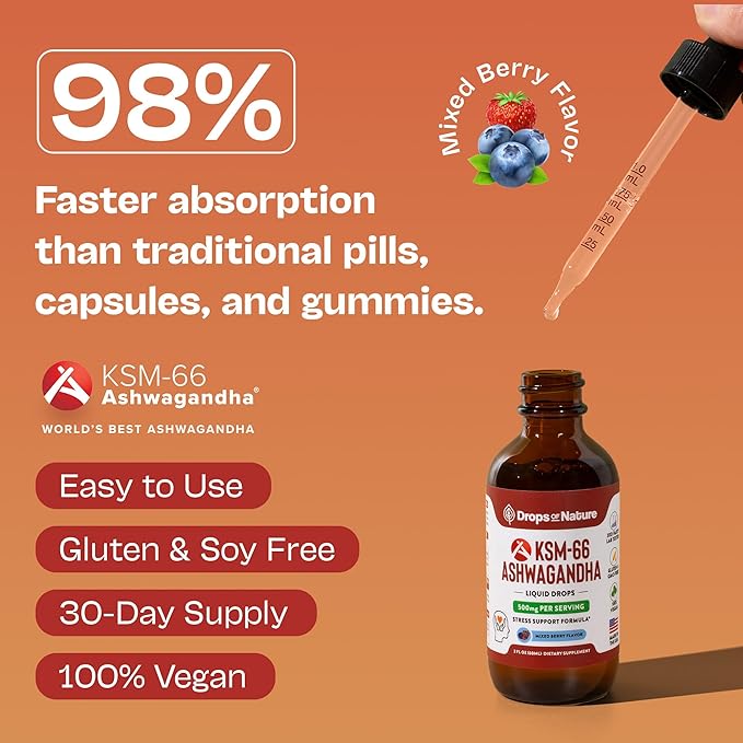 KSM-66 Ashwagandha Liquid Drops – Vegan, GMO Free & Fast Absorbing Form – Ashwagandha Supplements for Daily Wellness Support – Promotes Focus and Clarity – Supports Daily Vitality (Mixed Berry, 60ml)