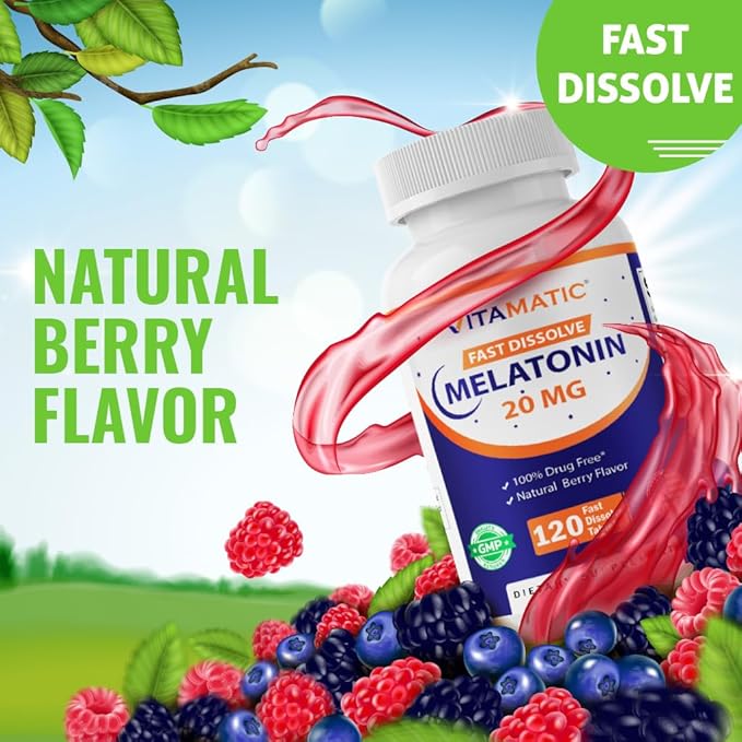 Vitamatic Melatonin 20 mg Tablets | Vegetarian, Non-GMO, Gluten Free | HIGH Potency 20 MG | Natural Berry Flavor (1/2 Tablets = Melatonin 10 mg) (120 Count (Pack of 3))