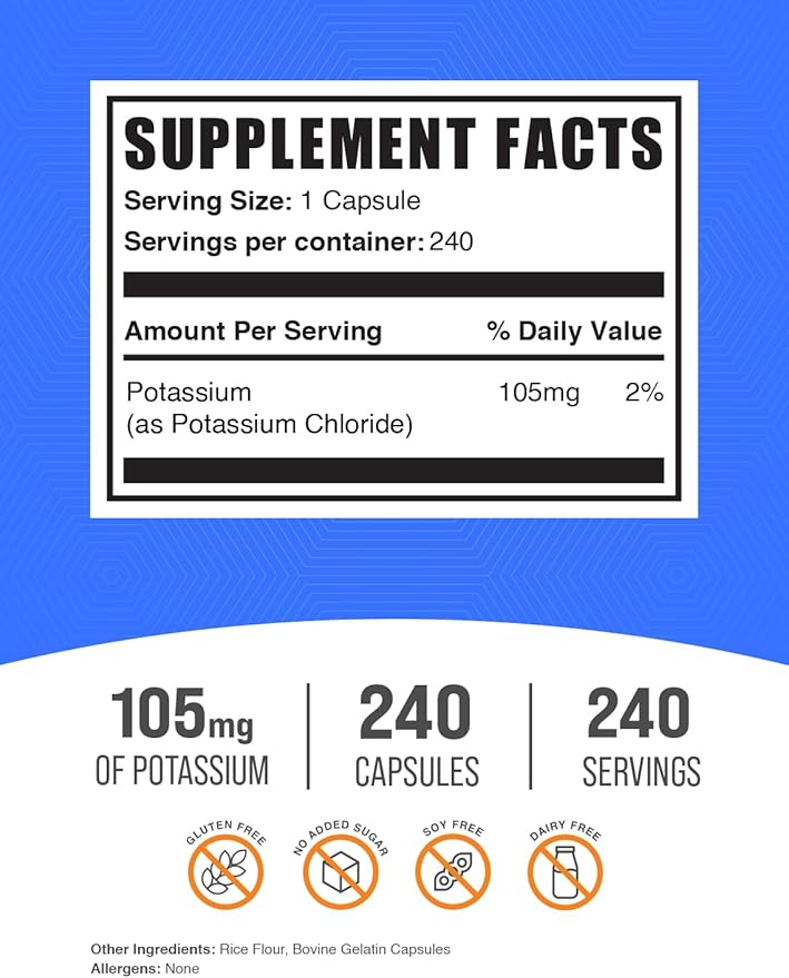 BulkSupplements.com Potassium Chloride Capsules - Potassium Chloride Supplement, Salt Substitute - Gluten Free,1 Capsule per Serving, 500 Count (Pack of 1)