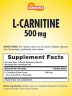 Sundance L-Carnitine as L-Tartrate Supplement 500mg | 60 Capsules | Free Form Amino Acid | Non-GMO and Gluten Free Pills