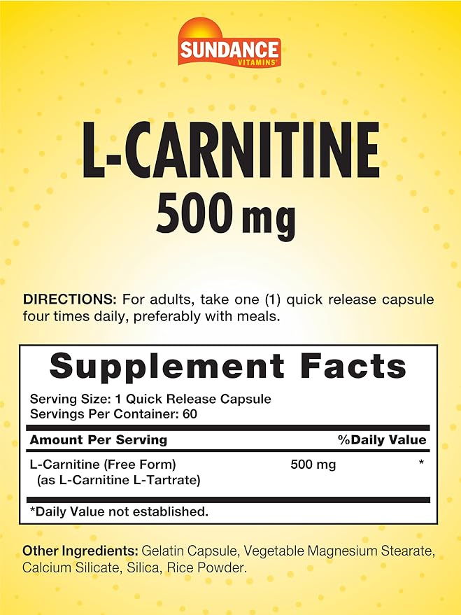 Sundance L-Carnitine as L-Tartrate Supplement 500mg | 60 Capsules | Free Form Amino Acid | Non-GMO and Gluten Free Pills