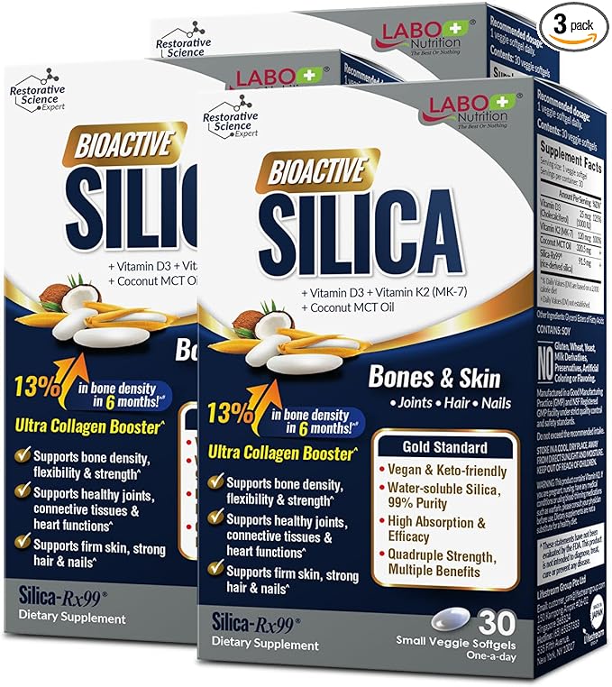 LABO Nutrition Bioactive Silica – Hair, Skin, Nails, Collagen Formation, Joint & Bone Strength – Support Bone Health & Collagen Booster– 99% Purity Rice-Derived Silica Supplement, 30 Vegan Softgel x 3