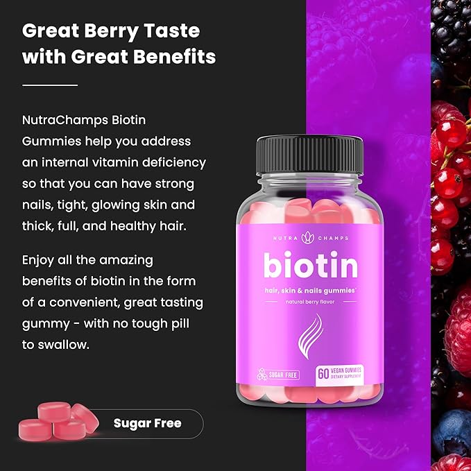 NutraChamps Sugar Free Biotin Gummies 10000mcg [High Potency] - Healthy Hair, Skin & Nails for Women, Men & Kids - 5000mcg in Each Gummy - Vegan Hair Health Vitamins Supplement - Raspberry (2-Pack)