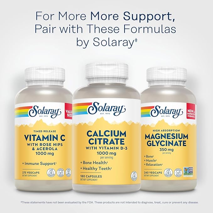 Solaray Calcium Citrate with Vitamin D3 1000mg - Bone Strength and Healthy Teeth Support - Gentle Digestion Formula - Lab Verified, 60-Day Guarantee - 30 Servings, 180 Capsules