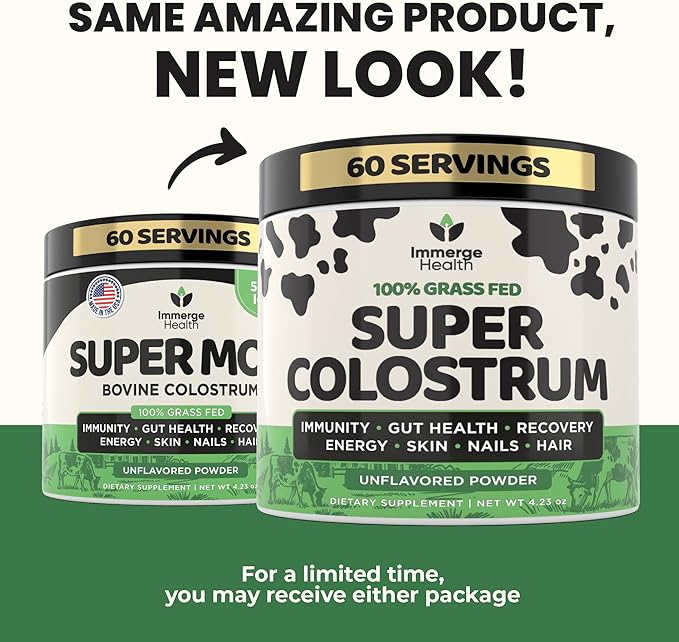 Immerge Health Super Colostrum Powder (60 Servings) – Premium Bovine Colostrum Supplement for Gut Health, Bloating & Immune Support – High IgG, 100% Grass Fed First Milking, Unflavored, Made in USA