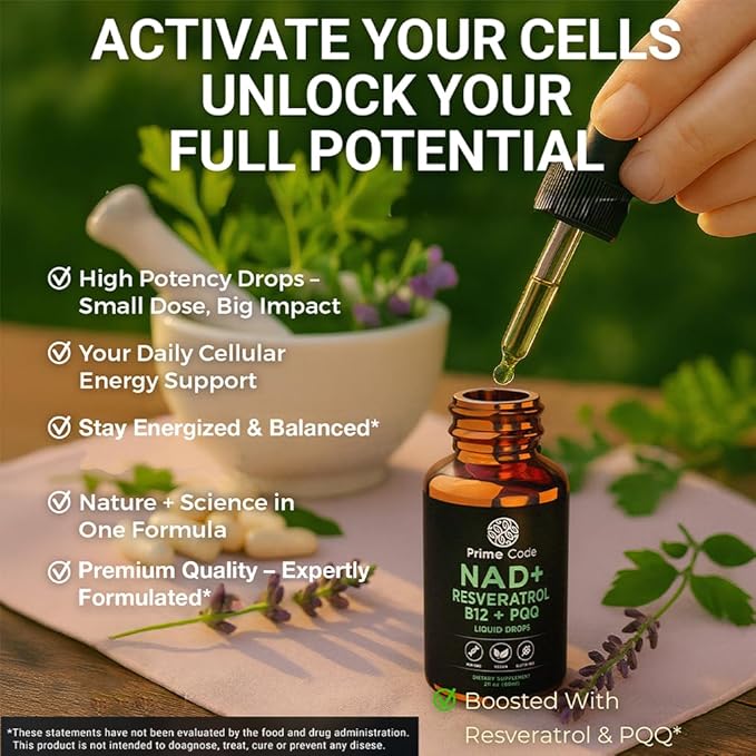 Prime Code NAD+ Liquid Drops with Resveratrol, Vitamin B12 & PQQ – Advanced Cellular Energy & Antioxidant Support – Vegan, Non-GMO, Gluten Free – Fast Absorption Supplement for Men & Women, 2 fl oz