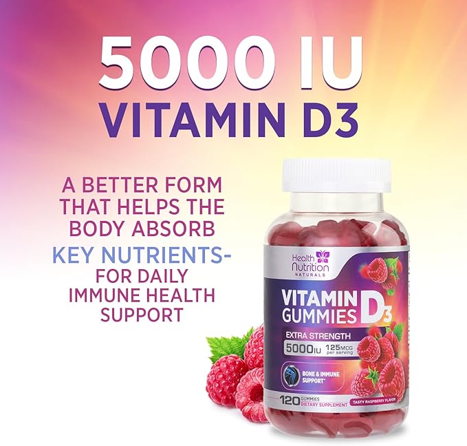 Vitamin D3 Gummies 125 mcg (5000 IU) Per Serving - 3X Strength Immune Support & Bone Support, Vitamin D Gummy Dietary Supplement, Nature's Berry D Vitamin Supplement, Raspberry Flavored - 120 Gummies