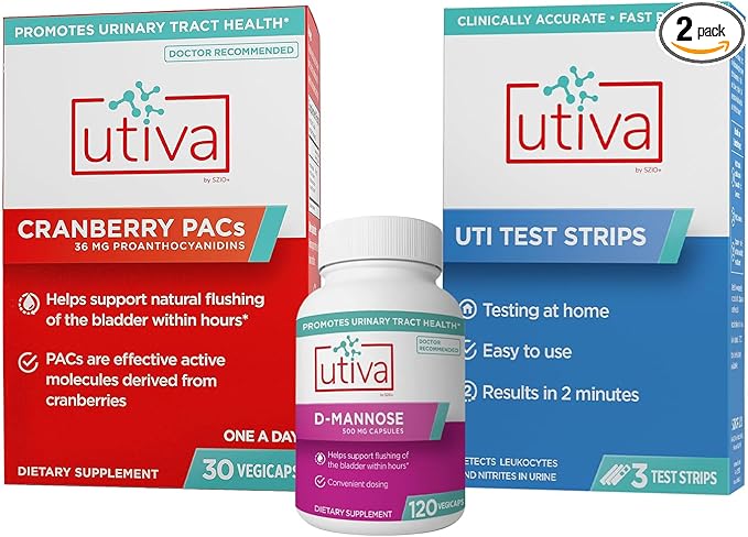 Szio+ 20% Bundle Utiva Cranberry PACs 30 Vegi Capsules + Utiva D-Mannose 500mg 120 Capsules + UTI Test Strips 3 Individual Urine Test Strips for Women and Men