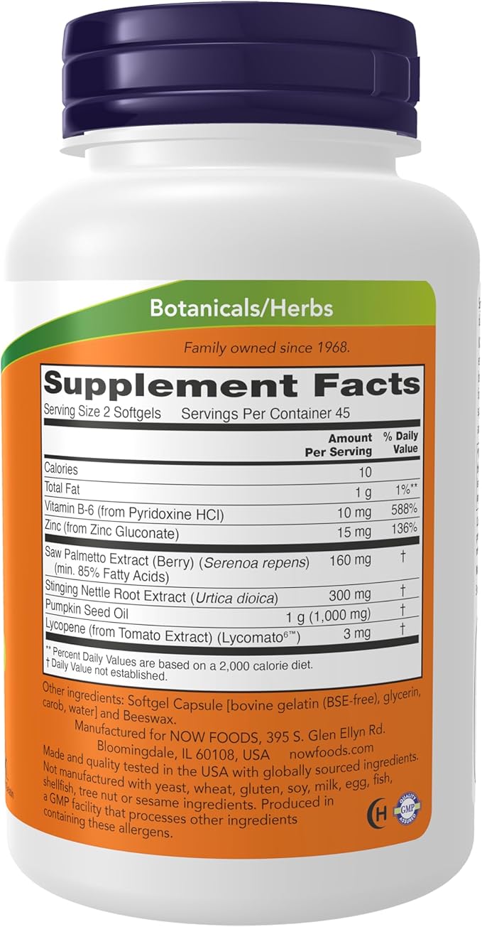 NOW Foods Supplements, Prostate Support, Prostate Support, with Standardized Saw Palmetto, Stinging Nettle & Lycopene, 90 Softgels