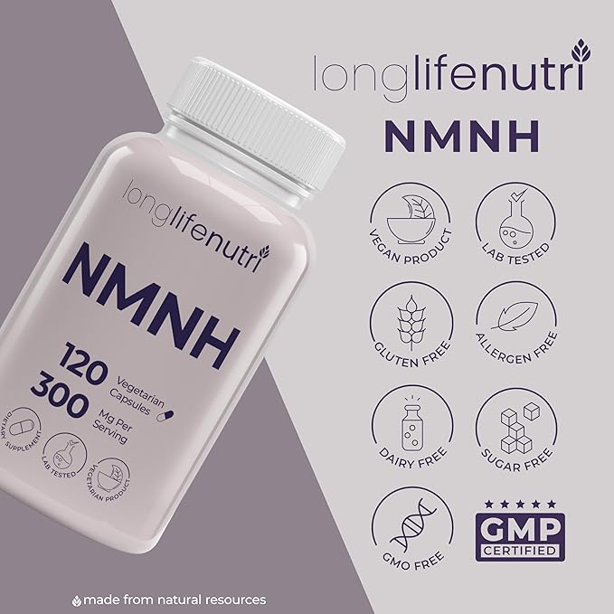 LongLifeNutri NMNH 300mg (Dihydronicotinamide Mononucleotide) - 120 Vegan Capsules, 2-Month Supply, NMN Alternative, NAD Supplement for Energy & Longevity, Lab Tested, Made in USA