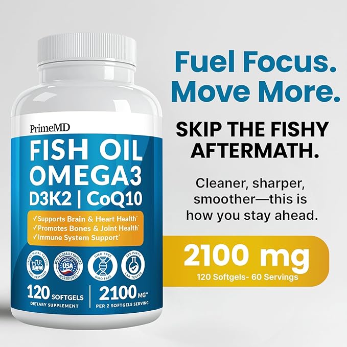 5-in-1 Fish Oil Omega 3 Fatty Supplements (2100mg) - Omega 3 Fish Oil with Vitamins D3 K2 and CoQ10 - Lemon Flavored (120 softgels, Pack of 3)