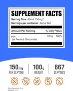 BulkSupplements.com Ferrous Gluconate Powder - Essential Mineral for Energy, Iron 18mg - Iron Supplements, Gluten Free, 150mg per Serving, 100g (3.5 oz) (Pack of 1)