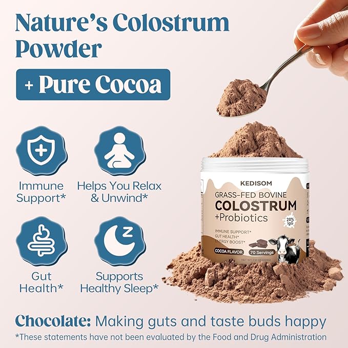Organic Chocolate 4000mg Grass Fed Bovine Colostrum Powder + Probiotics Colostrum Supplement for Gut Health, Immune Support Healthy, 70 Servings