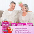 Iron Supplement Gummies for Women & Men, Vegan Iron Gummies with Vitamin C, A, B-Complex, Folate, Zinc for Blood Building & Energy Support, Strawberry Flavor, 120 Count