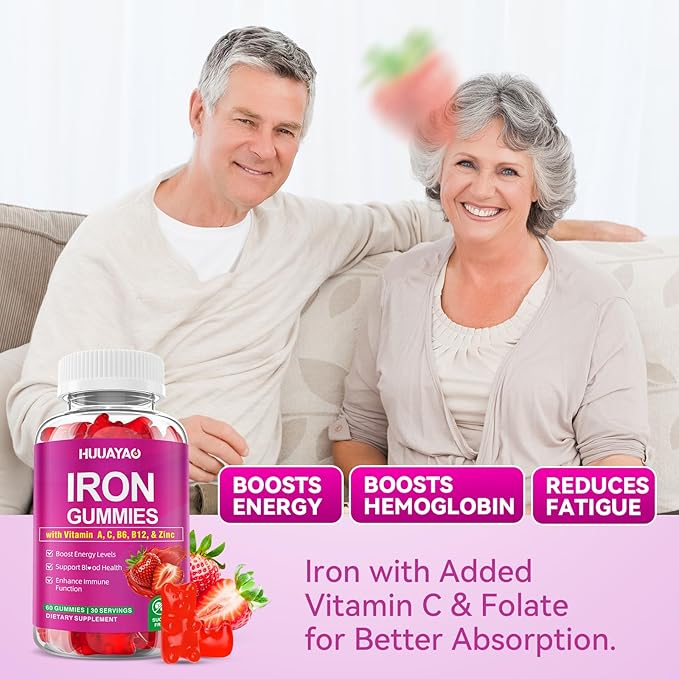 Iron Supplement Gummies for Women & Men, Vegan Iron Gummies with Vitamin C, A, B-Complex, Folate, Zinc for Blood Building & Energy Support, Strawberry Flavor, 120 Count