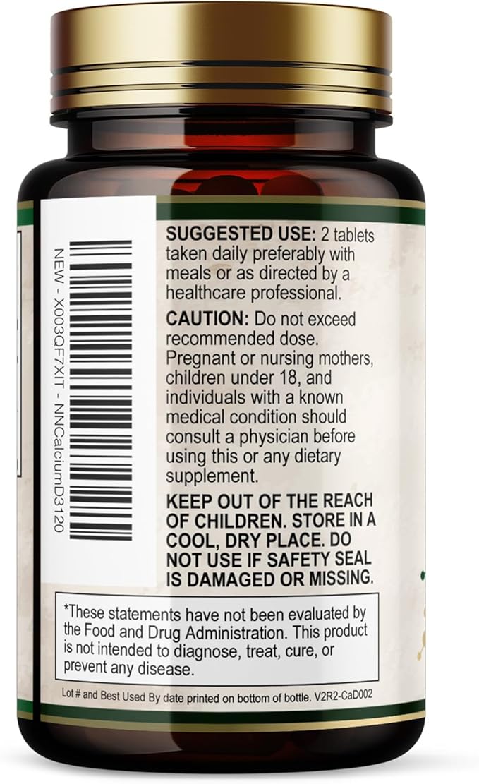 Calcium 1200 mg with Vitamin D3 Per Serving - Bone Health Supplement, Vitamin D & Calcium Supplements for Women & Men - Bone, Teeth & Immune Support, Nature's Calcium Pills, USA Bottled - 120 Tablets