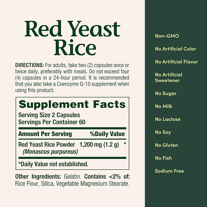 Nature's Bounty Red Yeast Rice Pills and Herbal Health Supplement, Dietary Additive, 600mg, 120 Capsules (Pack of 3)