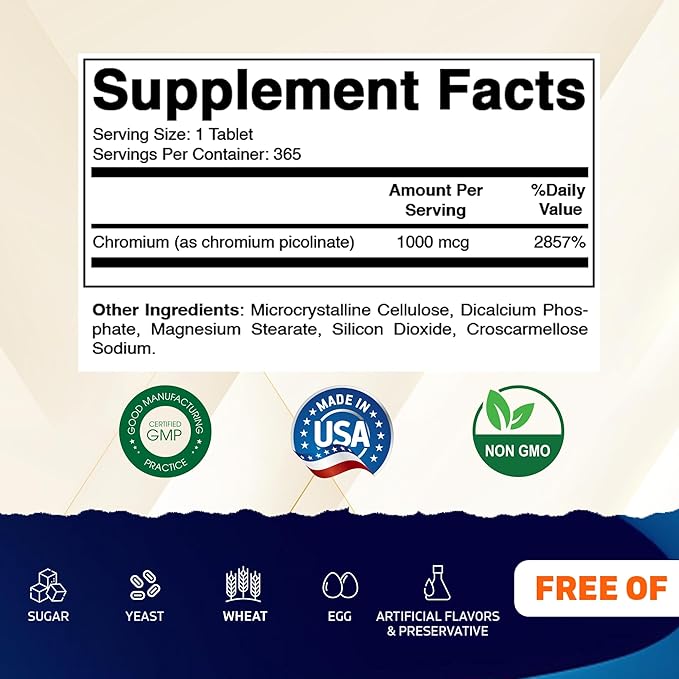 Vitamatic Chromium 1000 mcg | 365 Tablets | High Potency Chromium Picolinate | Non-GMO, Gluten Free