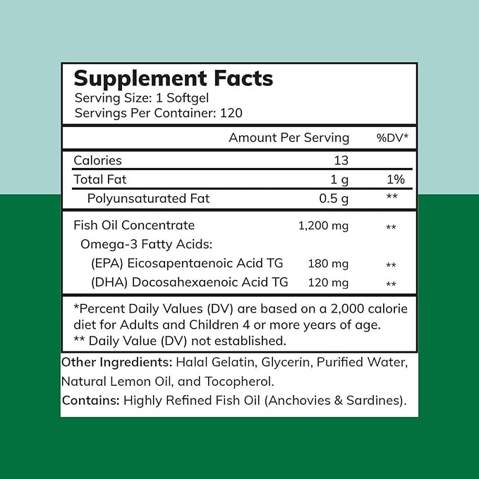 Zaytun Halal Fish Oil 1200mg Omega-3, Premium EPA/DHA, One Per Day, Daily Wellness Support, 4 Months Supply, Lemon Flavor, Keto Friendly, Gluten Free