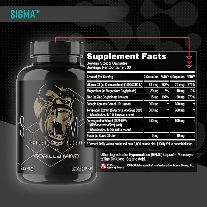 Gorilla Mind Sigma Testosterone Booster - Made with Tongkat Ali and Fadogia Agrestis Extract to Support Higher Testosterone Level (120 Capsules)