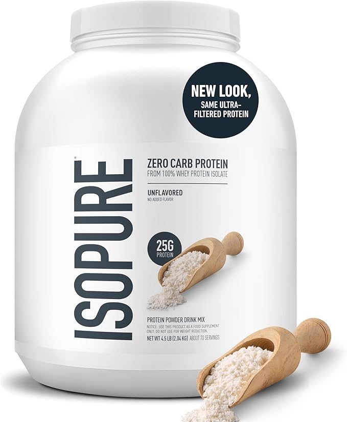 Isopure Zero Carb 100% Pure Whey Isolate Protein Powder, Gluten-Free, with Vitamins, Unflavored, 25g Protein Per Serving, 4.5 Lbs, 70 Servings (Packaging May Vary)