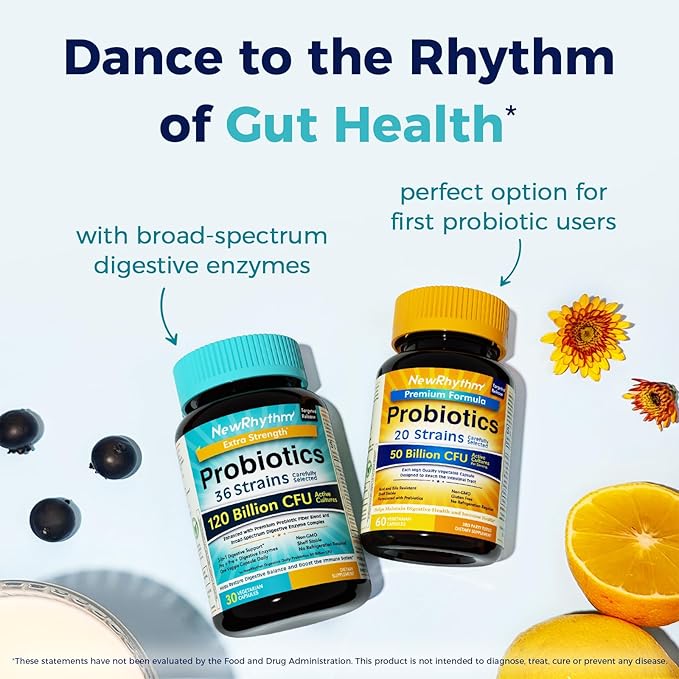 NewRhythm Probiotics 120 Billion CFU 36 Strains, 3-in-1 Probiotics for Digestive Health & Immune Support with Prebiotics & Enzymes, Probioticos for Women & Men, Vegan Targeted Release Supplement, 60ct