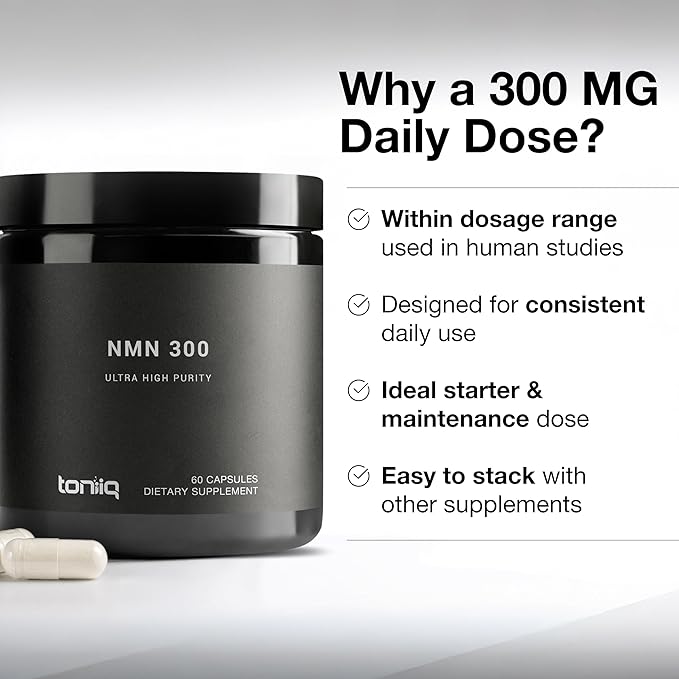Toniiq Stabilized NMN Capsules - 300mg - 98% Highly Purified - for NAD+ - 60 Capsules NMN Nicotinamide Mononucleotide Booster Supplement