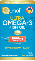 Qunol Fish Oil Omega 3 Mini Softgels, 1000mg Omega 3 EPA + DHA, Ultra Pure Supplements, Heart Health Support, Lemon Flavor, Easy to Swallow Minis, 3 Month Supply, 180 Count