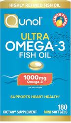 Qunol Fish Oil Omega 3 Mini Softgels, 1000mg Omega 3 EPA + DHA, Ultra Pure Supplements, Heart Health Support, Lemon Flavor, Easy to Swallow Minis, 3 Month Supply, 180 Count