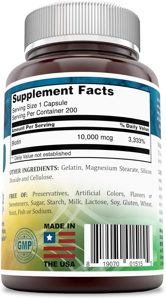 Biotin Dietary Supplement - 10,000 mcg - 200 Capsules (Non-GMO) - Supports Healthy Hair, Skin & Nails - Promotes Cell Rejuvenation and Energy Production. *